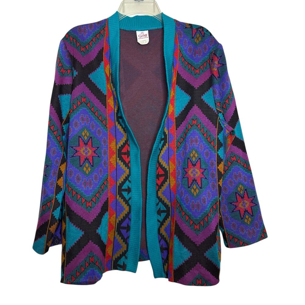 Vintage Graff California Retro Aztec Tribal Knit Open Front Cardigan Size 14